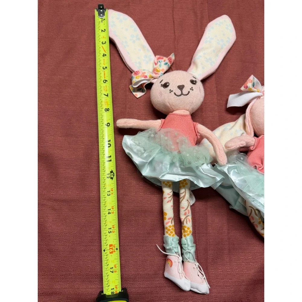 Set of 2 Plush Ballerina Bunny Dolls Pink Mint Green Tulle Tutu Floral Knit 12